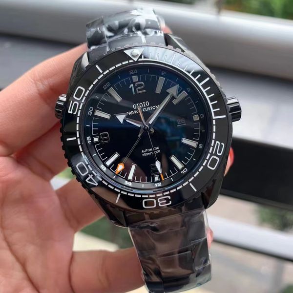 

mens automatic mechanical watch ceramic independent gmt black silver stainless steel luminous hand, Slivery;brown