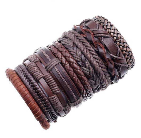 

men woman cowhide bracelet diy beaded strands wax thread weaving hip hop combination suit bracelet 10styles/1set, Black
