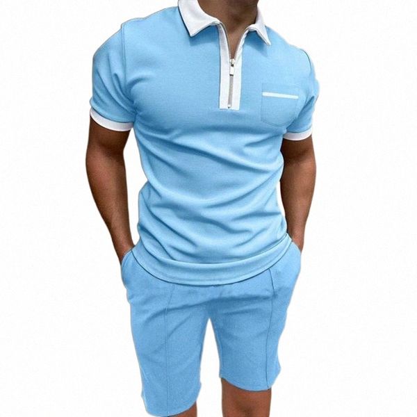 

men's tracksuits men's tracksuits male casual solid pocket two piece suit zipper collar short sleeve blouse light blue sweat men s, Gray