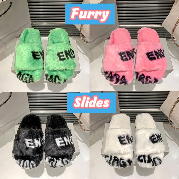 

luxury slippers allover logo furry slide sandals with box men women shoes beige ebony white pink green black logo flat mens designer slipper