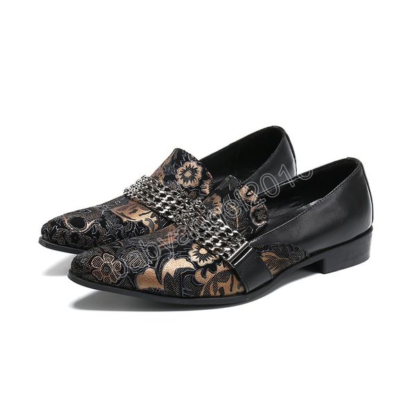 

vintage floral men party shoes pointed toe chains business leather shoes gentleman wedding dress shoes, Black