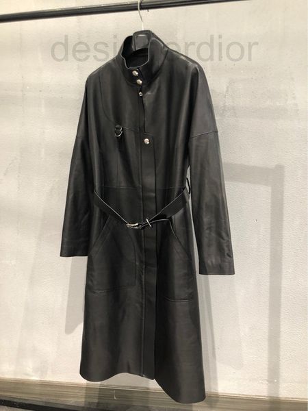 

women's leather & faux designer h's new autumn and winter 2021 high-end sheepskin shows thin temperament; middle long windbreaker, Black