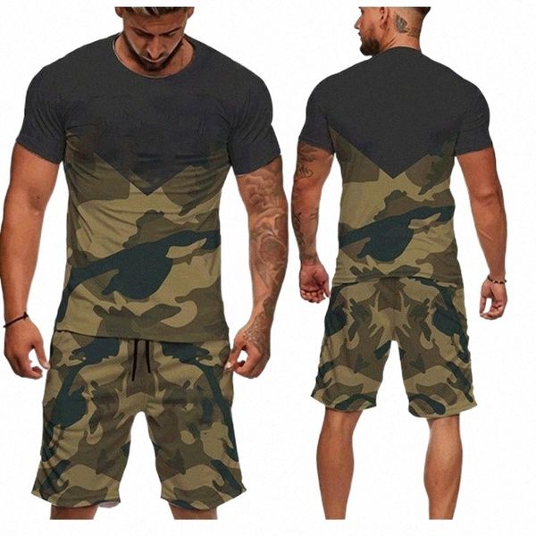 

men's tracksuits men's tracksuits men's casual 2pcs set camouflage army green short sleeve t-shirt masculina loose tactical t, Gray