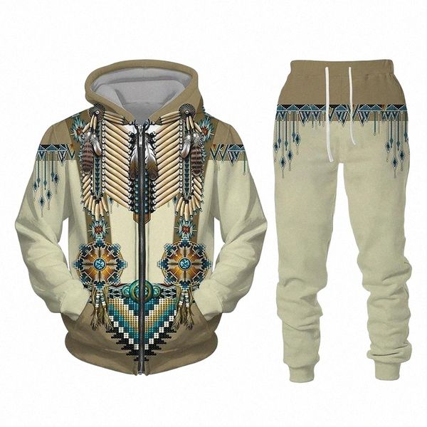 

men's tracksuits men's tracksuits amerindian national print hoodie men women two piece set style retro and pants casual 2pcs outf, Gray