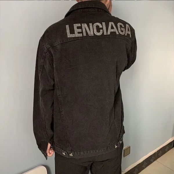 

paris autumn mens denim jacket european and american trend designer loose plus-size coat fashion exercise jacquard full of letters rhineston, Black;brown
