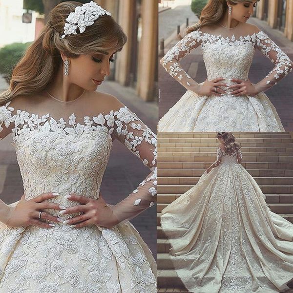 

2023 modest long sleeve ball gown wedding dresses bridal gowns sheer jewel neck lace appliqued sequins plus size robe de mariee custom made, White