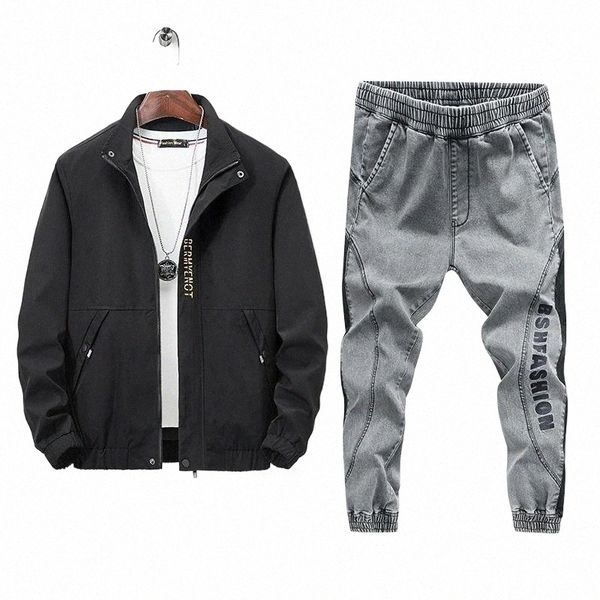 

men's tracksuits men's tracksuits mens sporting jogger outfits denim pants autumn winter two piece jacket jeans tracksuit sets men, Gray