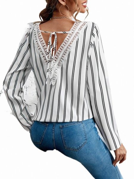 

women's blouses & shirts striped guipure lace panel tie back blouse o1cr#, White