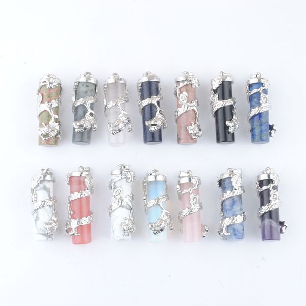 

dragon wrap drop pendant cylindrical natural gem stone jewellery reiki men women jewelry pendulum amulet bn462, Silver