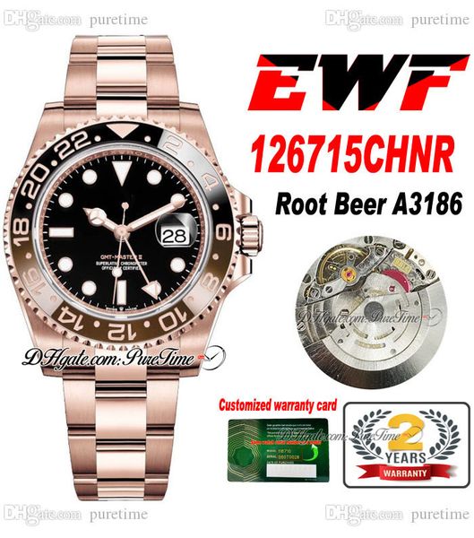 

ewf gmt root beer a3186 automatic mens watch 12671 rose gold cola black brown ceramics bezel black dial 904l steel oystersteel bracelet supe, Slivery;brown
