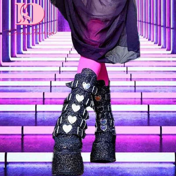 

boots doratasia goth punk women mid calf boots platform wedges high heels bling heart boots woman street fashion sweet cosplay shoes 220903, Black