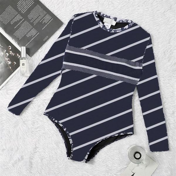 

classic striped swimwear long sleeve padded push up women's one-piece swimsuit beach wear travel vacation designer wear242y