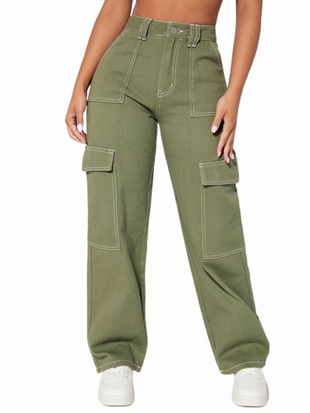 

women's jeans petite high waist flap pocket cargo jeans p13z#, Blue