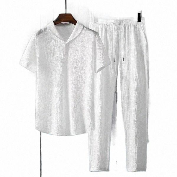 

men's tracksuits men's tracksuits 40%2pcs/set turn-down collar elastic waistband pleated casual outfit short sleeve shirt drawstri, Gray
