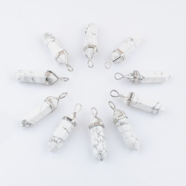 

pendants stone white turquoises hexagonal bullet point crystal pillar reiki healing chakra dangle pendant jewelry n3051, Silver