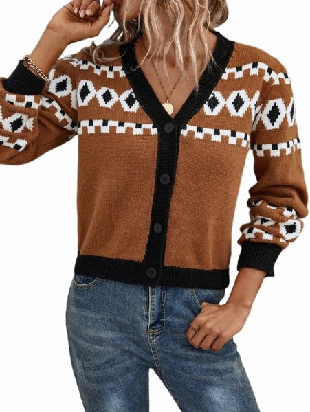 

women's sweaters geo pattern contrast trim cardigan e6vu#, White;black