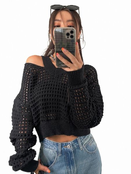 

women's sweaters dazy cold shoulder open knit sweater without tube s9cn#, White;black