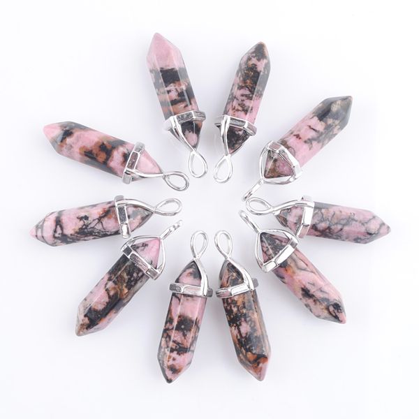 

rhodonite pendants natural stone crystal pillar shape pendulum for necklace hexagonal point reiki jewellery gifts n3034, Silver