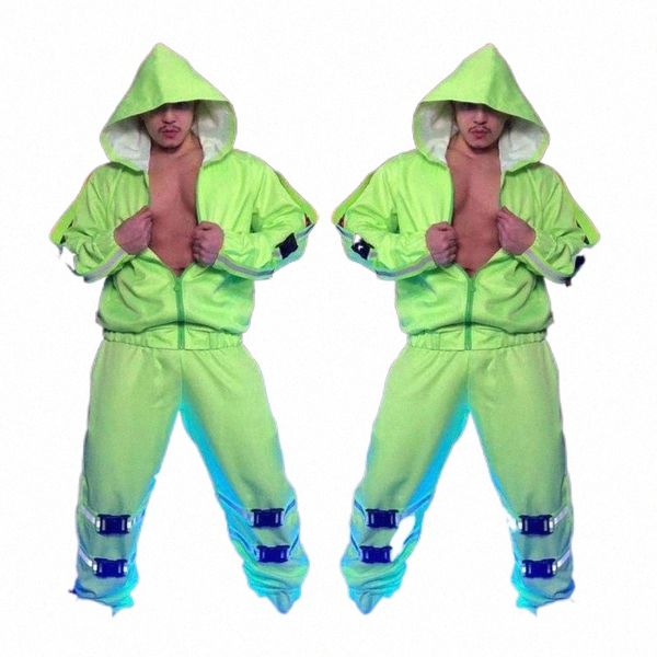 

men's tracksuits men's tracksuits fluorescent green tooling suit bar stage reflective hip hop rock dance costume hooded zipper loo, Gray