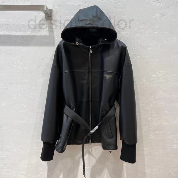 

women's leather & faux designer the new style of p family in early autumn 2022 is commuter. long sleeve lear sheepskin hooded jacket ve, Black