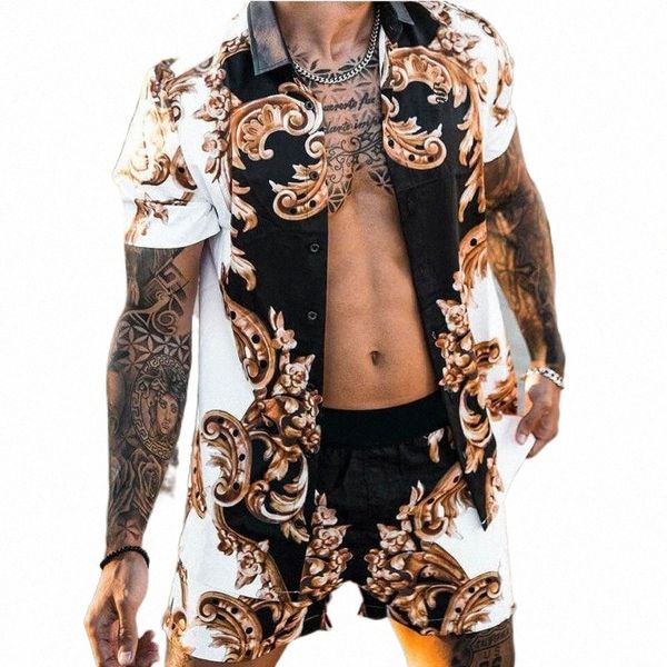 

men's tracksuits men's tracksuits men sets print patchwork lapel short sleeve casual shirt beach shorts summer streetwear vacation, Gray