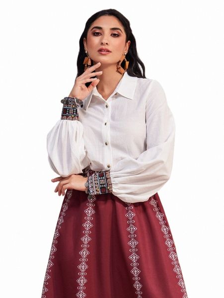 

women's blouses & shirts modely geo print lantern sleeve shirt y43q#, White
