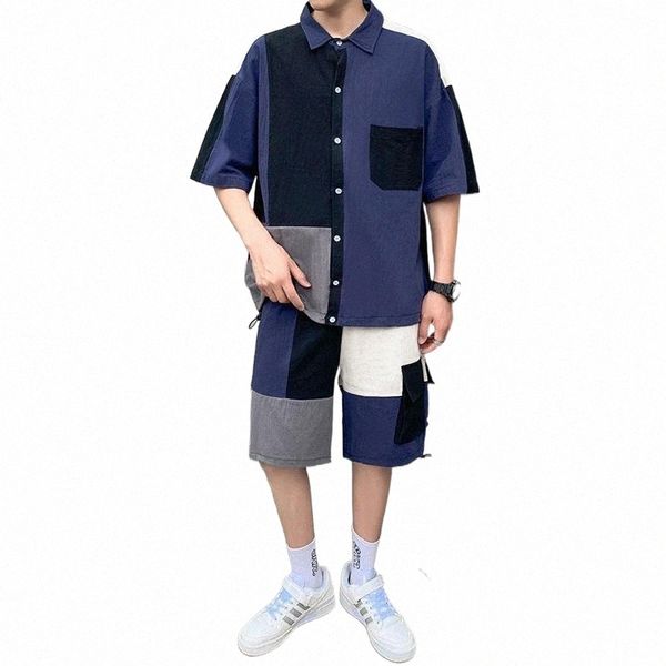 

men's tracksuits men's tracksuits set clothing shirt shorts patchwork pocket korean style summer oversized casual short sleeve shi, Gray
