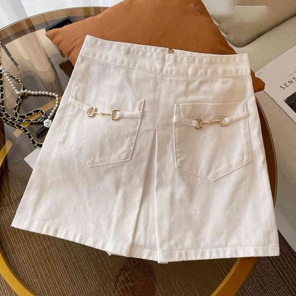 

skirts g family horse's title buckle white a-shaped denim skirt high waist thin short female summer jj5e, Black