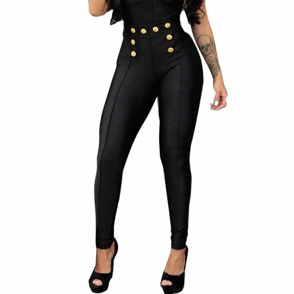

women's pants & capris women's pants 2021 button harajuku slim solid black high waisted elastic tigh hip streetwear trousers for f, Black;white