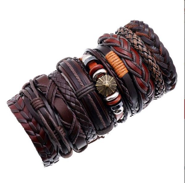

men woman cowhide bracelet diy beaded strands brown stars hip hop combination suit bracelet 10styles/1set, Black