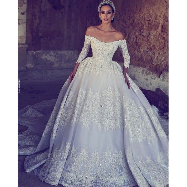 

princess dubai arabic ball gown wedding dresses off shoulder 3/4 long sleeves lace appliques ruched wedding bridal gowns brautkleid, White