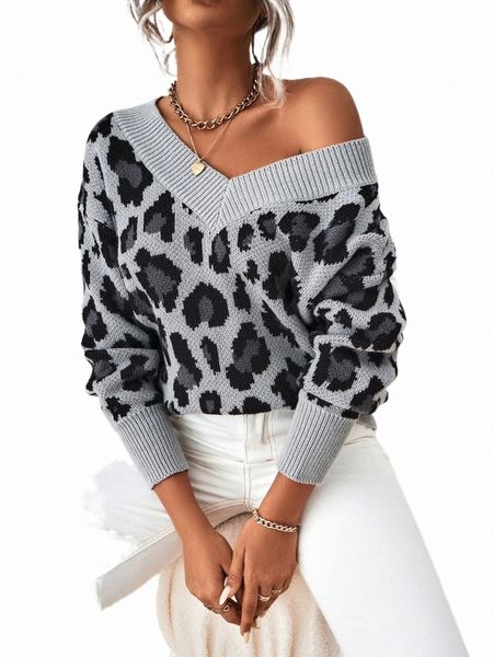 

women's sweaters leopard pattern drop shoulder sweater a4gg#, White;black