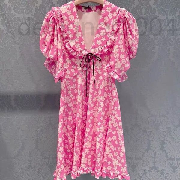 

casual dresses designer 22 spring and summer miu home floral french dress bubble short sleeve ruffle doll collar lace up pink skirt miao poh, Black;gray