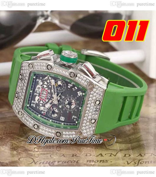 

011 a21j automatic mens watch steel case diamonds bezel black skeleton dial big date green rubber strap 7 styles watches puretime a1, Slivery;brown