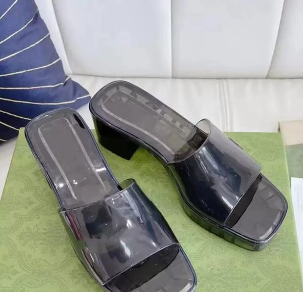 

designer transparency slippers women leisure letter printing jelly chunky heels sandal fashion rubber luxury brand beach high-heeled shoes w, Black