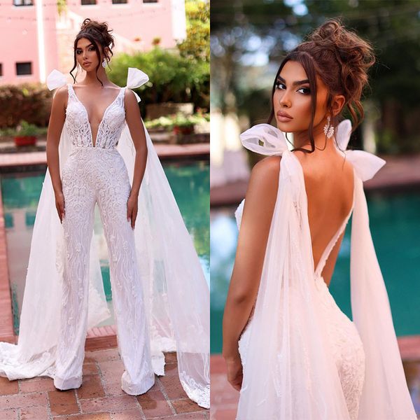 

white wedding dress deep v neck lace backless jumpsuits gowns plus size new designed custom made bridal dresses