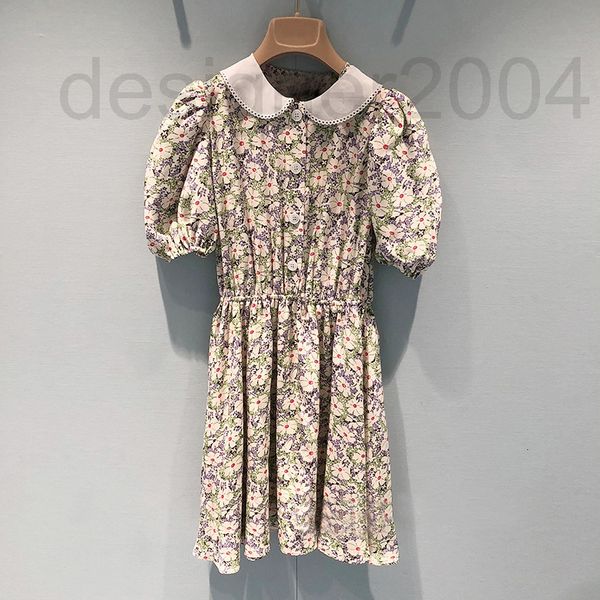 

casual dresses designer miu family floral dress doll neck short sleeve chiffon printed a-line skirt sweet and fresh short summer b0x6, Black;gray