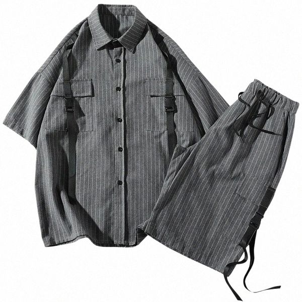 

men's tracksuits men's tracksuits summer stripe shirts men shorts fashion set mens causal short sleeve lapel button shirt male plu, Gray