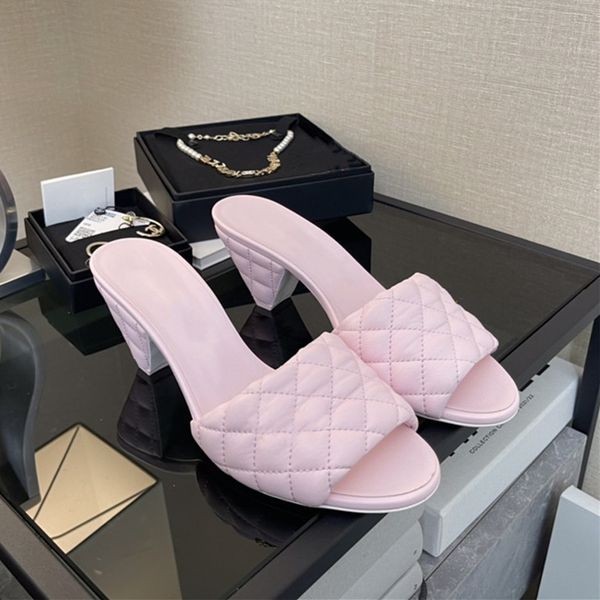 

diamond check open toe casual slippers triangle heel candy color one-line high heel slippers, Black