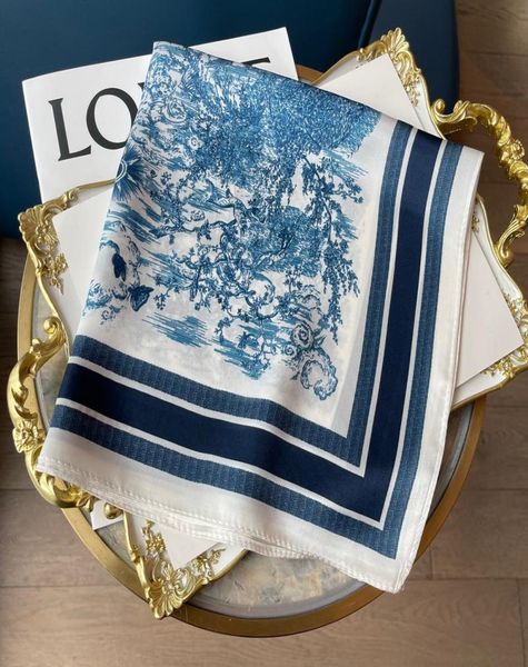 

2021 women 100 silk scarf designer ladies square foral printed neck rings h, Blue;gray