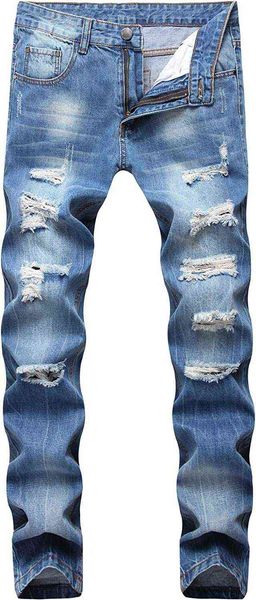 

men's jeans dant bulun men's frayed and worn slim straight leg jeans, Blue