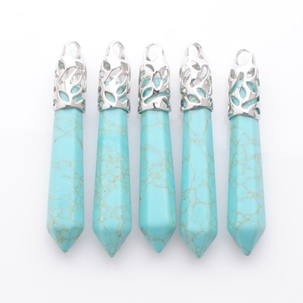 

hexagonal stone pointed reiki chakra dangle pendants gemstone beads natural turquoise pendulum pendant jewelry n3000, Silver