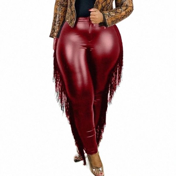 

women's pants & capris burgundy leather pants for women high waist plus size 4xl 5xl tassel plain skinny elegant evening night party sh, Black;white