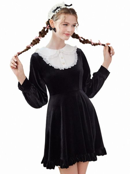

casual dresses romwe kawaii velvet contrast collar ruffle hem dress 71jm#, Black;gray