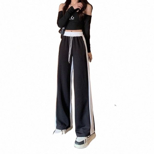

women's pants & capris women's pants & capris women casual high waist wide leg autumn winter loose side striped female floor-lengt, Black;white