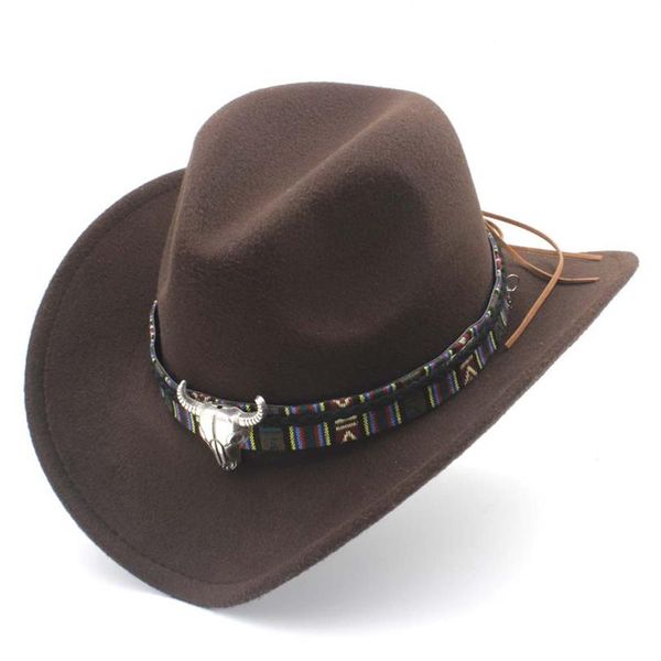 

wide brim western cowboy hat cap men women faux wool felt fedora hats ribbon metal bullhead decorated black panama cap2411, Blue;gray