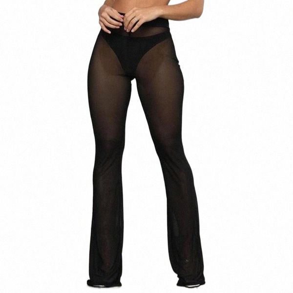 

women's pants & capris women's mesh transparent boot cut leg horn solid color fashion casual pants female summer long pantalon muj, Black;white
