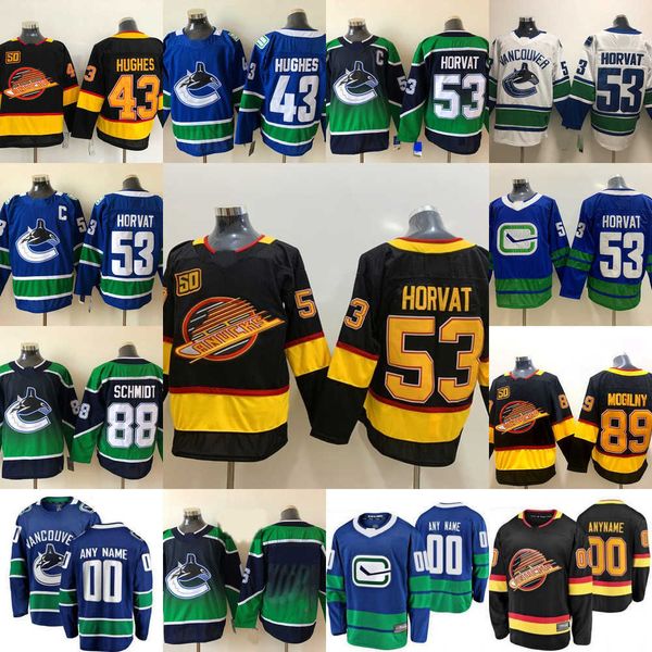

hockey jerseys vancouver''canucks custom 43 quinn hughes 53 bo horvat 88 nate schmidt stitched embroidery men women youth, Black;red