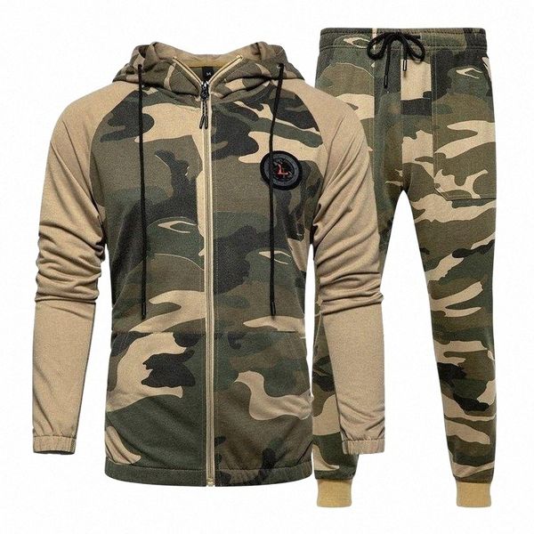 

men's tracksuits men's tracksuits long-sleeved camouflage two-piece hooded men hit color cardigan jacket pant suit tracksuit milit, Gray