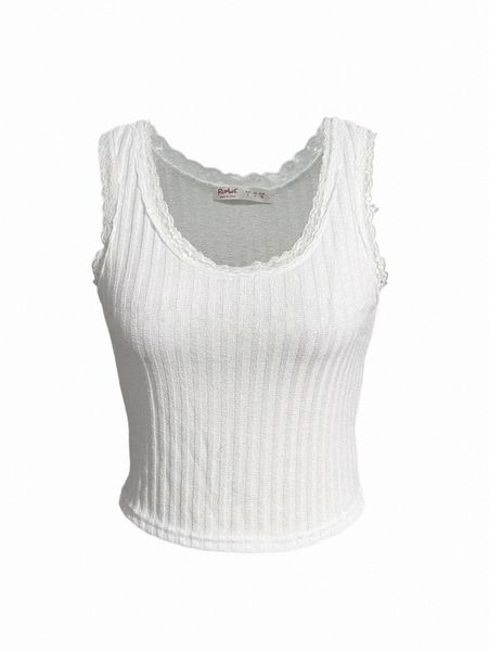 

women's tanks & camis romwe kawaii lace trim ribbed tank g7m3#, White